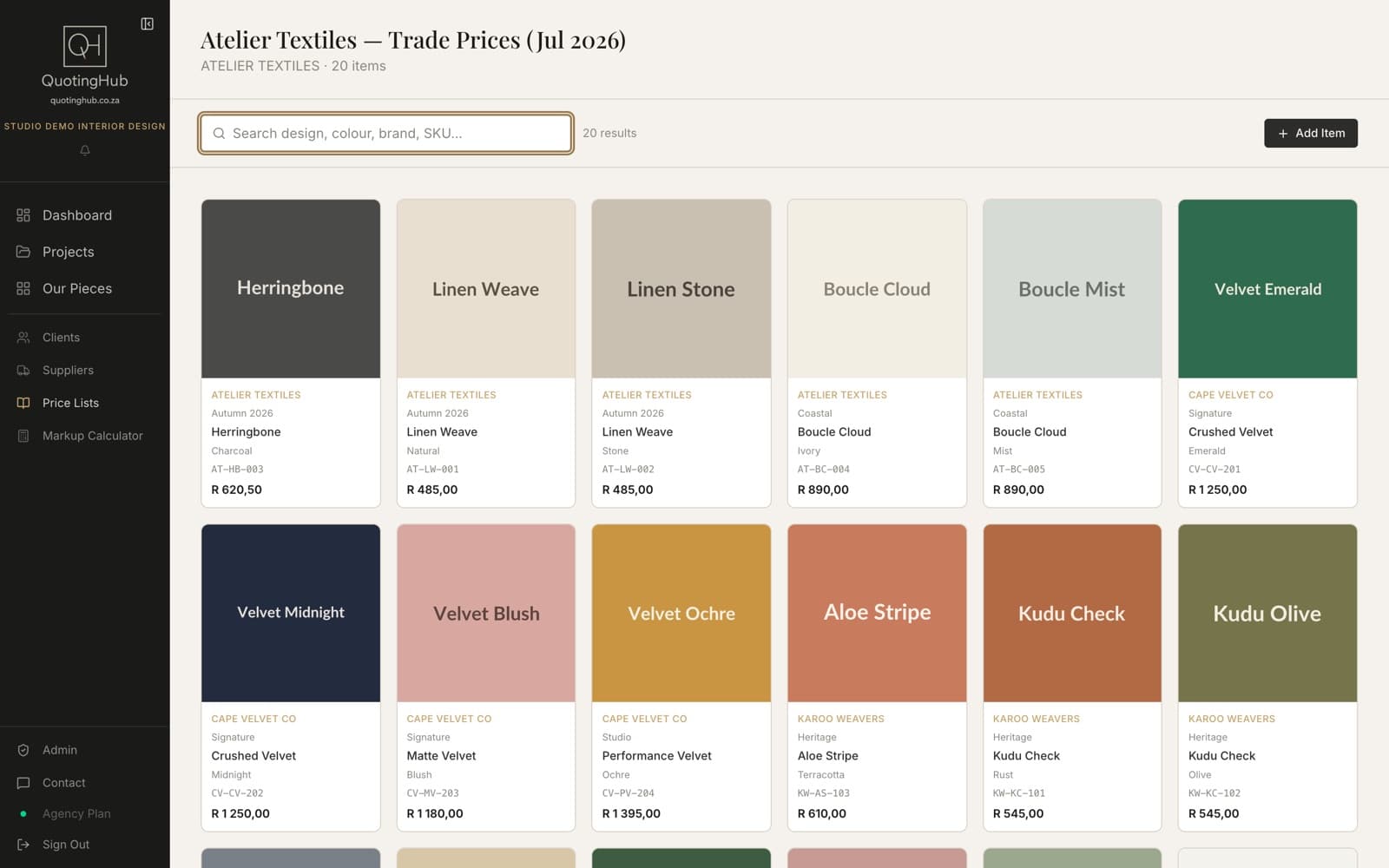 A studio's imported fabric price list in QuotingHub, showing designs, colours, SKUs and trade prices