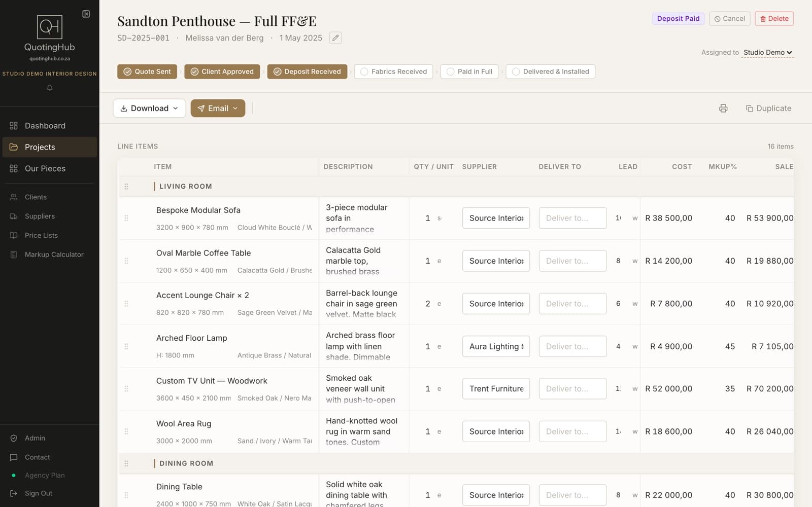 QuotingHub project screen with line items grouped by room, showing supplier, lead time, cost, markup and sale price