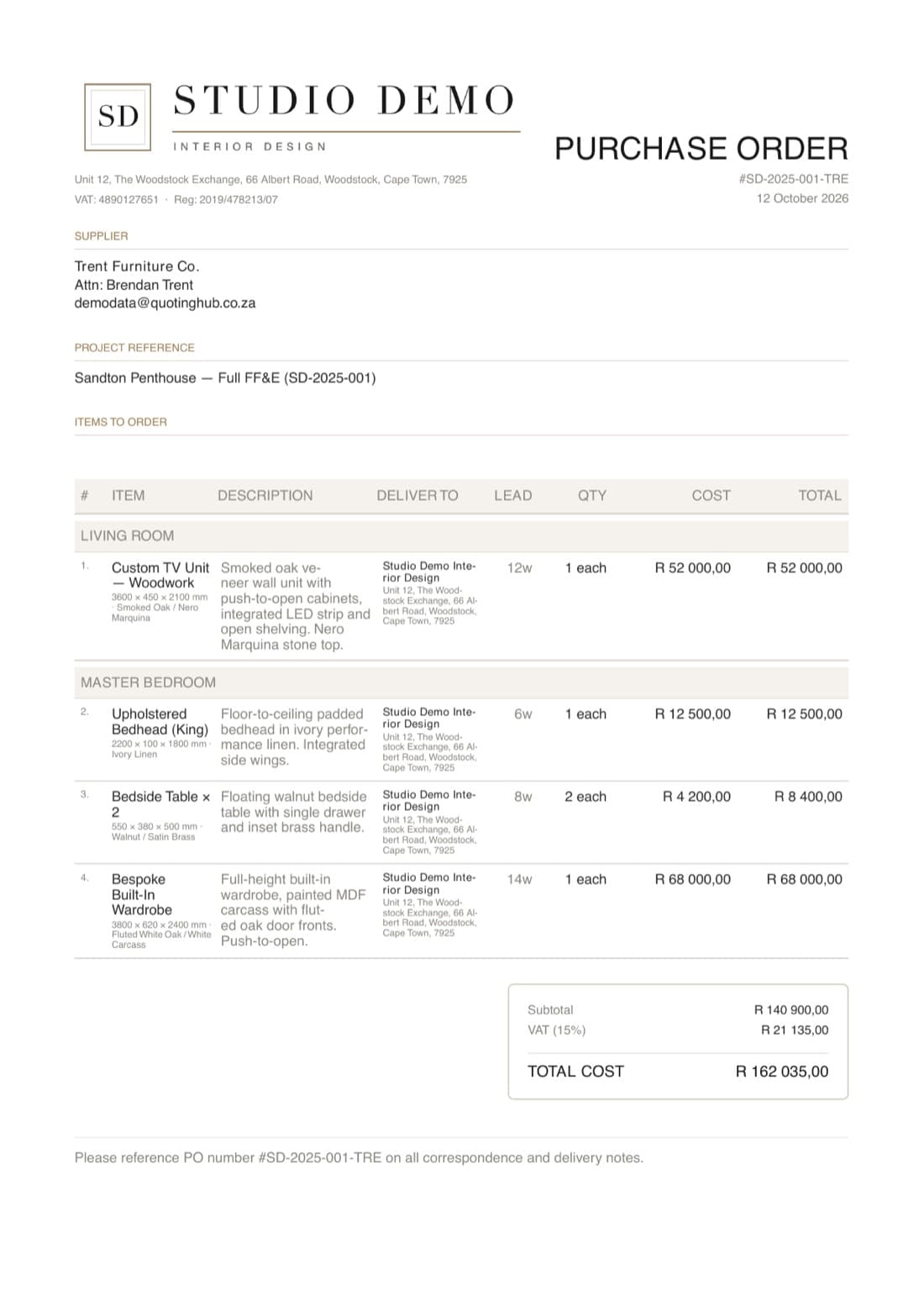 QuotingHub purchase order PDF for one supplier with items, lead times, cost prices and VAT