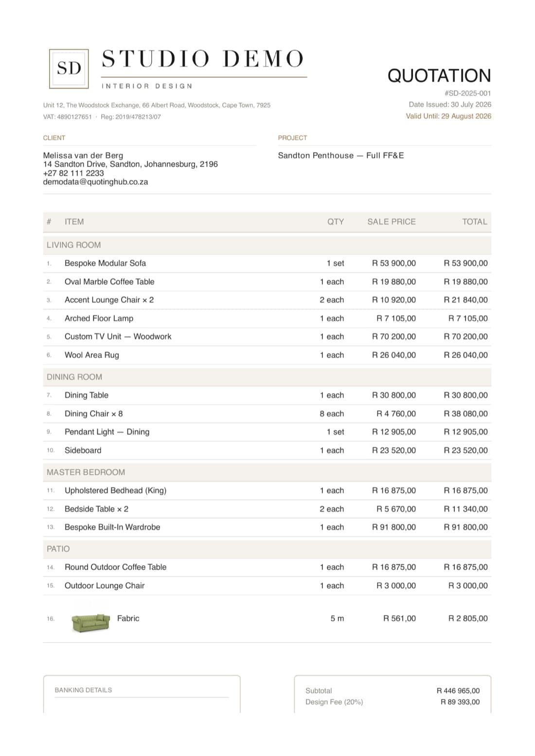 Branded QuotingHub quotation PDF listing items by room with quantities, sale prices and totals