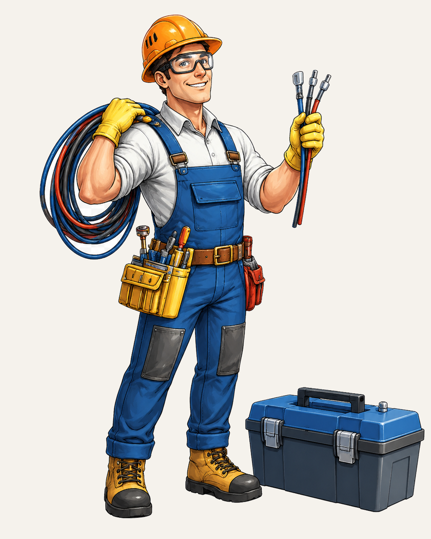 Electrician with tools and toolbox